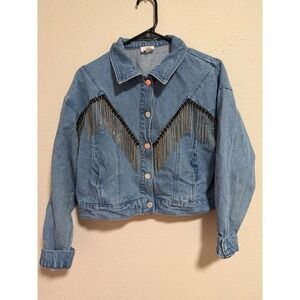 Le Lis Collection Rhinestone Fringe Denim Jacket Cropped Medium Wash Womens M